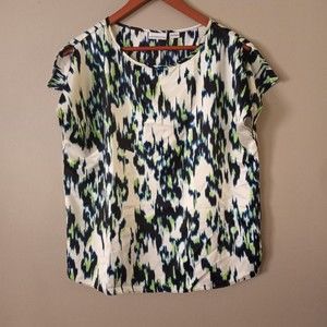 Liz Claiborne Womens Large Multicolor Green Blue Career Blouse Satin Lightweight
